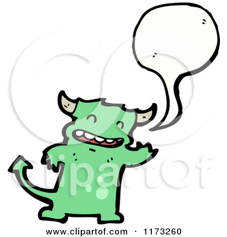 Cartoon of Green Devil with Conversation Bubble - Royalty Free Vector Illustration by lineartestpilot