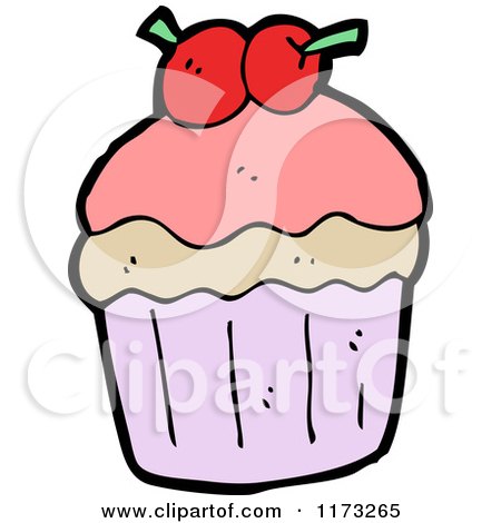 Cartoon of Cupcake with Cherries on Top - Royalty Free Vector Illustration by lineartestpilot