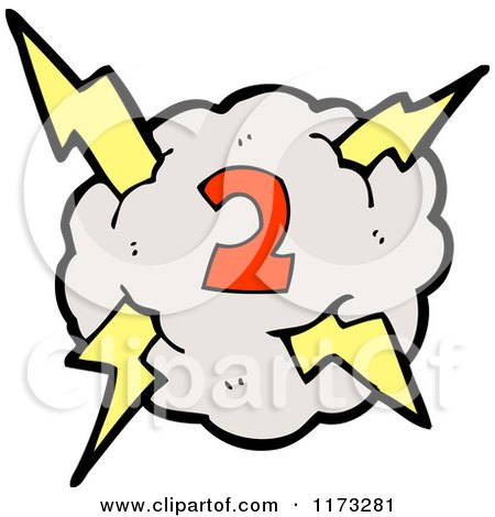 Cartoon of Cloud with Lightning Bolts and Number Two - Royalty Free Vector Illustration by lineartestpilot