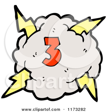 Cartoon of Cloud with Lightning Bolts and Number Three - Royalty Free Vector Illustration by lineartestpilot