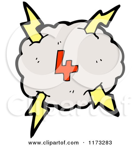 Cartoon of Cloud with Lightning Bolts and Number Four - Royalty Free Vector Illustration by lineartestpilot