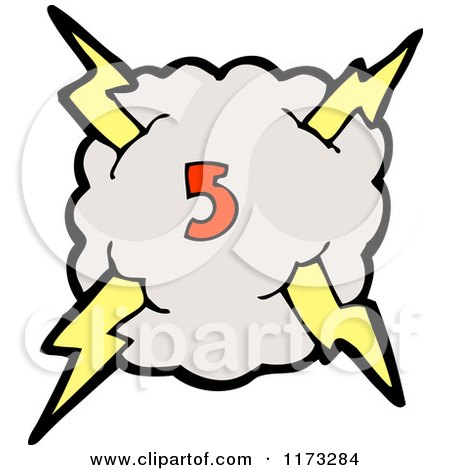 Cartoon of Cloud with Lightning Bolts and Number Five - Royalty Free Vector Illustration by lineartestpilot