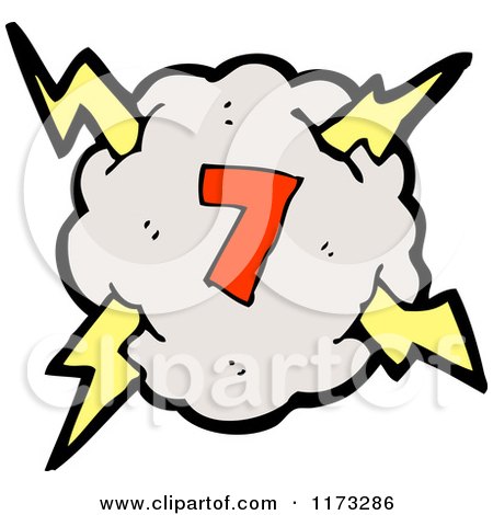 Cartoon of Cloud with Lightning Bolts and Number Seven - Royalty Free Vector Illustration by lineartestpilot