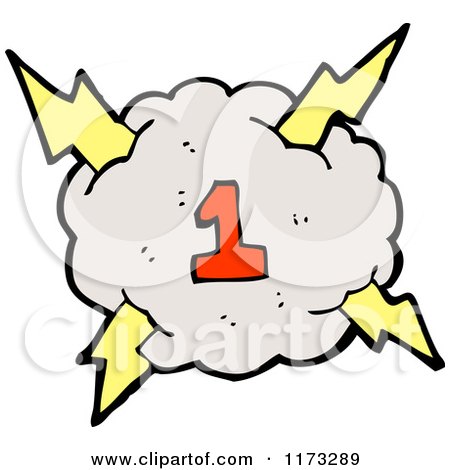 Cartoon of Cloud with Lightning Bolts and Number One - Royalty Free Vector Illustration by lineartestpilot