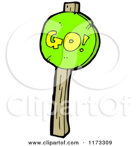 Cartoon of a Green Go Sign on a Wood Post - Royalty Free Vector Clipart by lineartestpilot