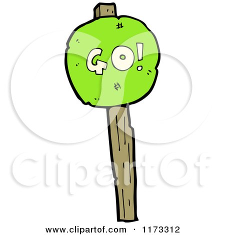Cartoon of a Green Go Sign on a Wood Post - Royalty Free Vector Clipart by lineartestpilot
