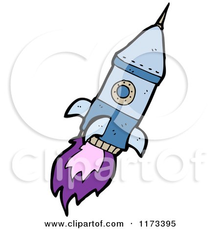 Cartoon of a Blue Rocket with Purple Flames - Royalty Free Vector Clipart by lineartestpilot