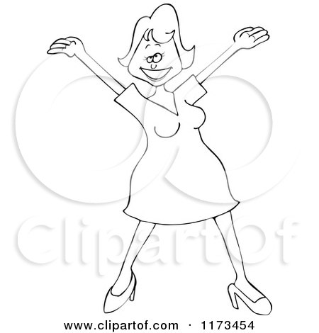 Cartoon of an Outlined Happy Woman Holding Her Arms up - Royalty Free Vector Clipart by djart