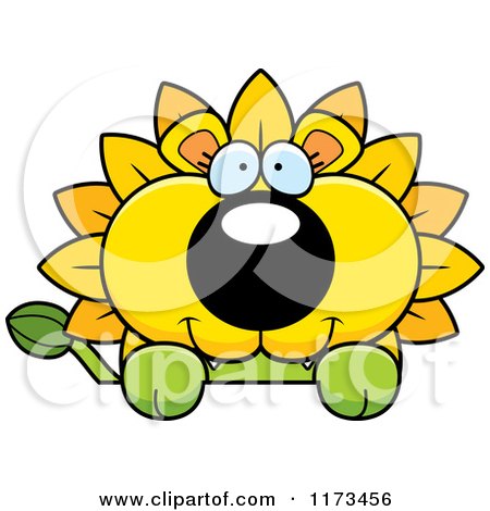 Cartoon of a Happy Dandelion Flower Lion Mascot over a Sign - Royalty Free Vector Clipart by Cory Thoman