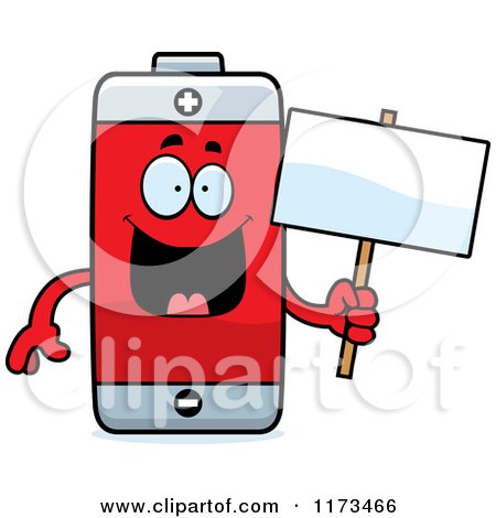 Cartoon of a Happy Battery Mascot Holding a Sign - Royalty Free Vector Clipart by Cory Thoman