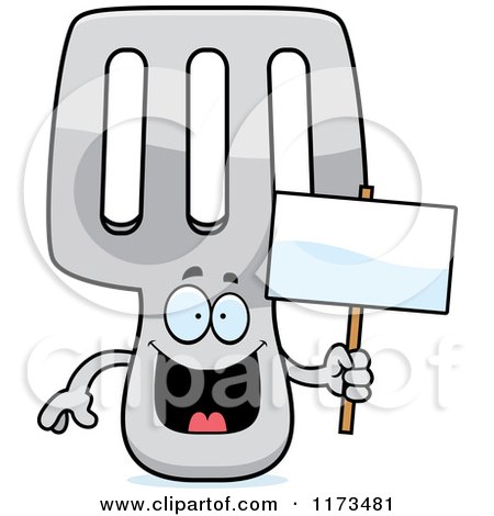 Cartoon of a Happy Spatula Mascot Holding a Sign - Royalty Free Vector Clipart by Cory Thoman