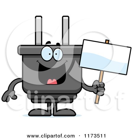 Cartoon of a Happy Electric Plug Mascot Holding a Sign - Royalty Free Vector Clipart by Cory Thoman