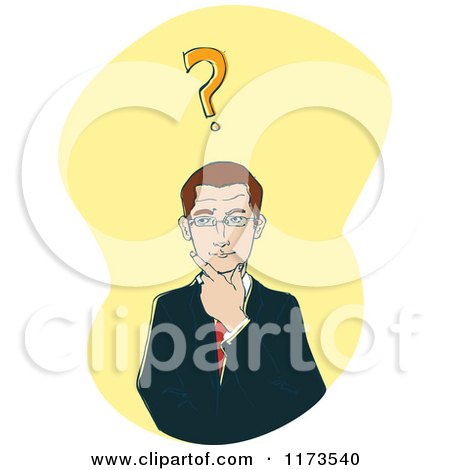 Cartoon of a Businessman Thinking with a Question Mark on Yellow - Royalty Free Vector Clipart by Bad Apples