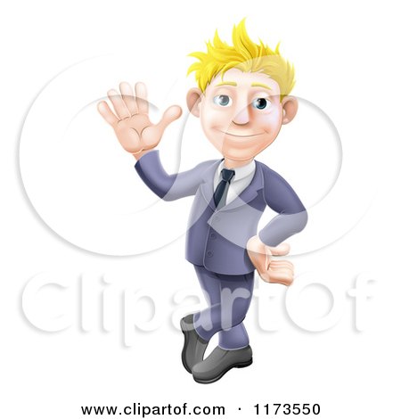 Cartoon of a Friendly Blond Businessman in a Blue Suit, Leaning and Waving - Royalty Free Vector Clipart by AtStockIllustration