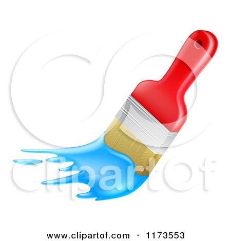 Cartoon of a Red Handled Paint Brush with Blue Paint - Royalty Free Vector Clipart by AtStockIllustration