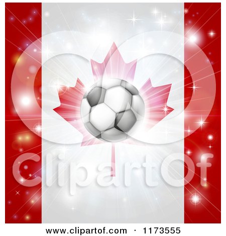 Clipart of a Soccer Ball over a Canadian Flag with Fireworks - Royalty Free Vector Illustration by AtStockIllustration