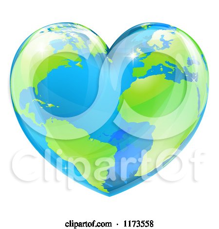 Cartoon of a Vibrant Shiny Green and Blue Heart Shaped Earth - Royalty Free Vector Clipart by AtStockIllustration