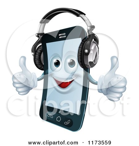 Cartoon of a Happy Cell Phone Mascot Wearing Headphones and Holding Two Thumbs up - Royalty Free Vector Clipart by AtStockIllustration