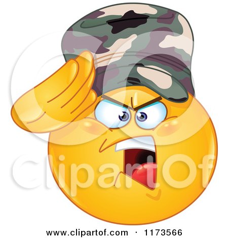 Cartoon of a Yellow Smiley Emoticon Soldier Soluting - Royalty Free Vector Clipart by yayayoyo