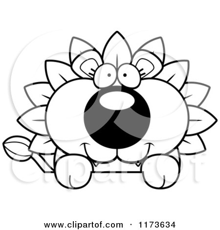 Cartoon Clipart Of A Happy Dandelion Flower Lion Mascot over a Sign - Vector Outlined Coloring Page by Cory Thoman