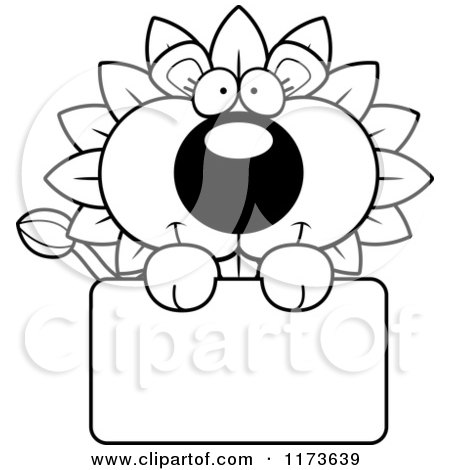 Cartoon Clipart Of A Happy Dandelion Flower Lion Mascot over a Sign - Vector Outlined Coloring Page by Cory Thoman