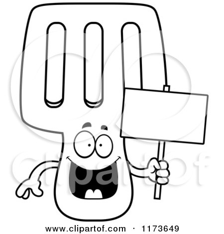 Cartoon Clipart Of A Happy Spatula Mascot Holding a Sign - Vector Outlined Coloring Page by Cory Thoman