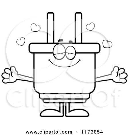 Cartoon Clipart Of A Loving Electric Plug Mascot Wanting a Hug - Vector Outlined Coloring Page by Cory Thoman