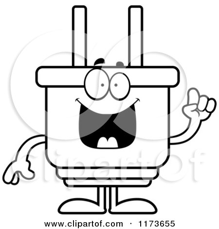 Cartoon Clipart Of A Smart Electric Plug Mascot with an Idea - Vector Outlined Coloring Page by Cory Thoman