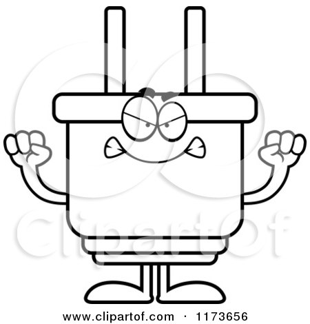 Cartoon Clipart Of A Mad Electric Plug Mascot - Vector Outlined Coloring Page by Cory Thoman