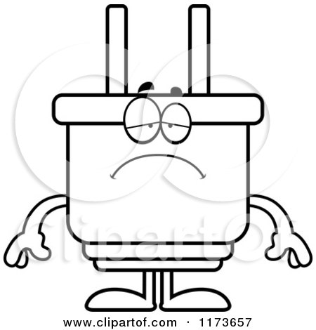 Cartoon Clipart Of A Depressed Electric Plug Mascot - Vector Outlined Coloring Page by Cory Thoman