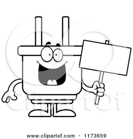 Cartoon Clipart Of A Happy Electric Plug Mascot Holding a Sign - Vector Outlined Coloring Page by Cory Thoman