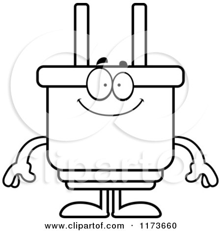 Cartoon Clipart Of A Happy Electric Plug Mascot - Vector Outlined Coloring Page by Cory Thoman