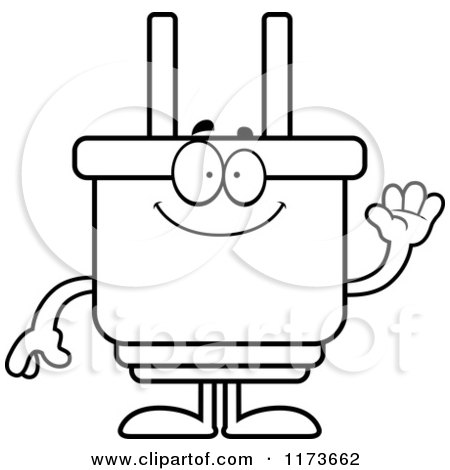 Cartoon Clipart Of A Waving Electric Plug Mascot - Vector Outlined Coloring Page by Cory Thoman