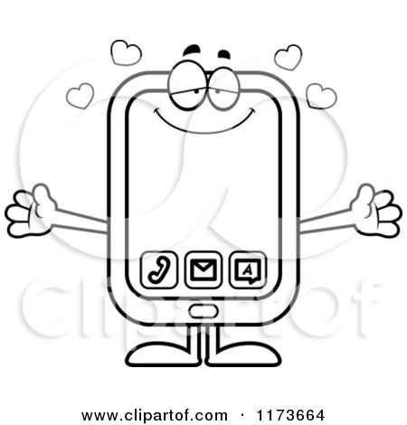 Cartoon Clipart Of A Loving Smart Phone Mascot Wanting a Hug - Vector Outlined Coloring Page by Cory Thoman