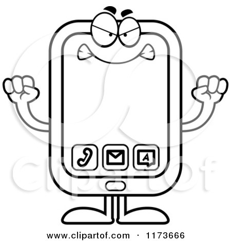 Cartoon Clipart Of A Mad Smart Phone Mascot - Vector Outlined Coloring Page by Cory Thoman