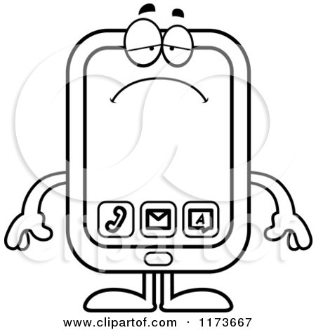 Cartoon Clipart Of A Depressed Smart Phone Mascot - Vector Outlined Coloring Page by Cory Thoman