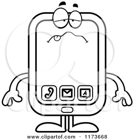 Cartoon Clipart Of A Sick Smart Phone Mascot - Vector Outlined Coloring Page by Cory Thoman