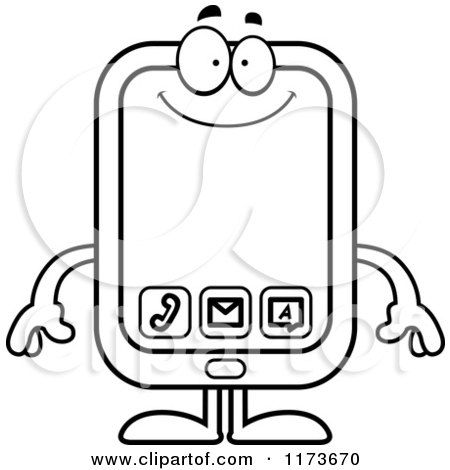 Cartoon Clipart Of A Happy Smart Phone Mascot - Vector Outlined Coloring Page by Cory Thoman