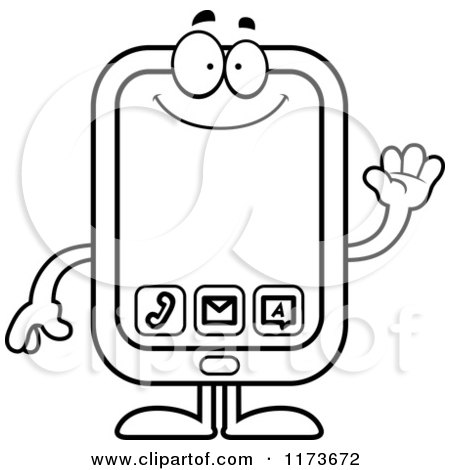 Cartoon Clipart Of A Waving Smart Phone Mascot - Vector Outlined Coloring Page by Cory Thoman