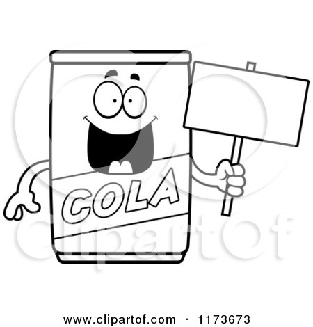 Cartoon Clipart Of A Happy Cola Mascot Holding a Blank Sign Board - Vector Outlined Coloring Page by Cory Thoman