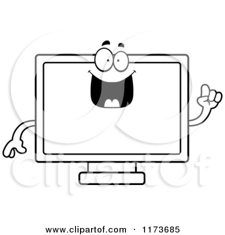 Cartoon Clipart Of A Smart Television Mascot with an Idea - Vector Outlined Coloring Page by Cory Thoman
