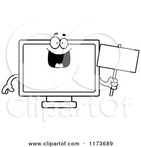 Cartoon Clipart Of A Happy Television Mascot Holding a Sign - Vector Outlined Coloring Page by Cory Thoman