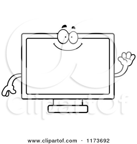 Cartoon Clipart Of A Waving Television Mascot - Vector Outlined Coloring Page by Cory Thoman