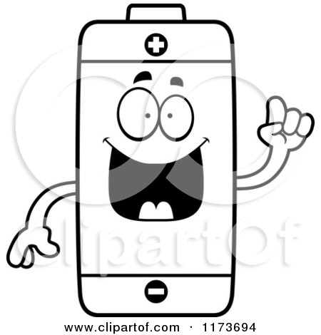 Cartoon Clipart Of A Smart Battery Mascot with an Idea - Vector Outlined Coloring Page by Cory Thoman