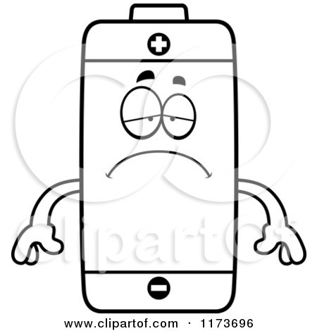 Cartoon Clipart Of A Depressed Battery Mascot - Vector Outlined Coloring Page by Cory Thoman