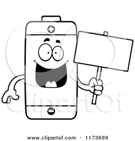 Cartoon Clipart Of A Happy Battery Mascot Holding a Sign - Vector Outlined Coloring Page by Cory Thoman