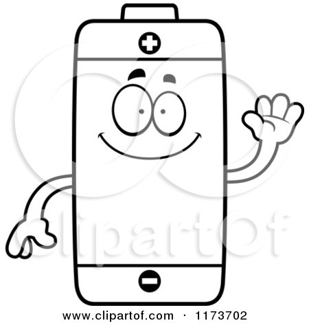 Cartoon Clipart Of A Waving Battery Mascot - Vector Outlined Coloring Page by Cory Thoman