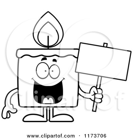 Cartoon Clipart Of A Happy Candle Mascot Holding a Sign - Vector Outlined Coloring Page by Cory Thoman
