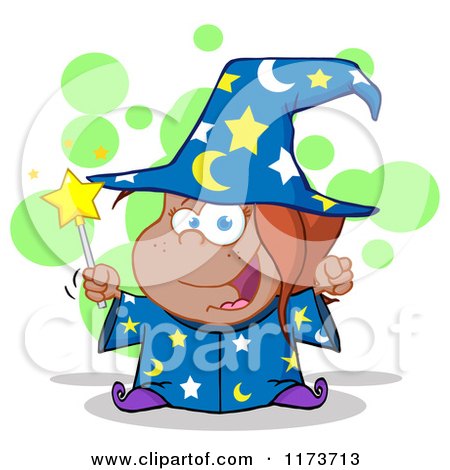 Cartoon of a Black Wizard Girl Holding a Magic Wand, with Green Bubbles - Royalty Free Vector Clipart by Hit Toon