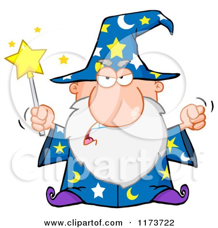 Cartoon of a Mad Old Wizard Casting a Spell - Royalty Free Vector Clipart by Hit Toon